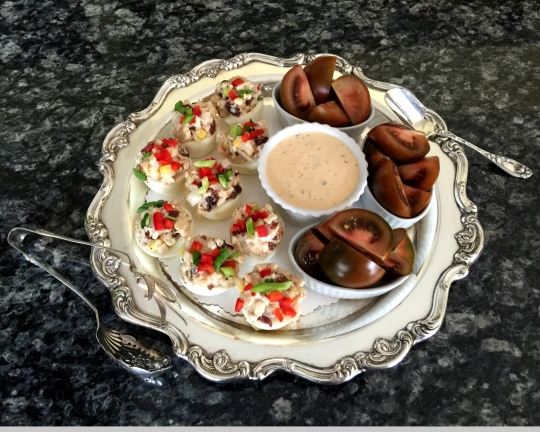 "Deviled" Chicken-Cherry Salad Eggs, with Heirloom Tomatoes and Yogurt Dip